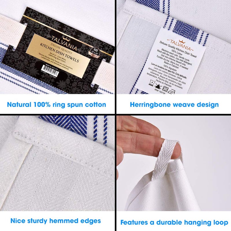 TALVANIA Kitchen Dish Towels 100% Cotton White Flour Sack Tea Cloth with Blue Herringbone Stripe, Pack of 12 Perfect Classic Dish Towel 15â€ x 25â€ Dishcloths for Bars Kitchens Counters etc. - Image 4